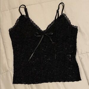 NWOT Black Lace Sheer Cropped Tank Top with Bow Detail